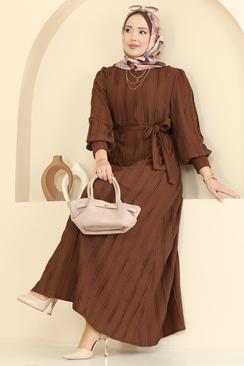 Bisiklet Yaka Kemerli Elbise 7166BG354 Kahve