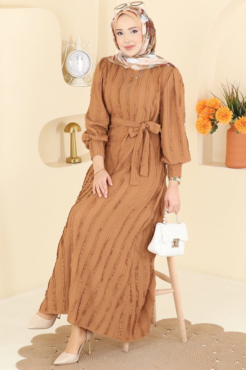 Bisiklet Yaka Kemerli Elbise 7166BG354 Latte