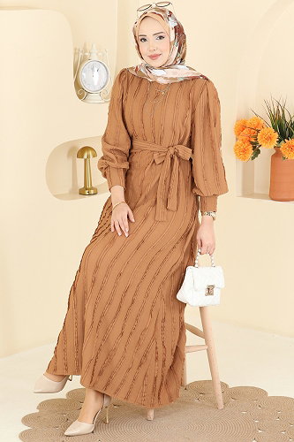 moda selvim Bisiklet Yaka Kemerli Elbise 7166BG354 Latte - Thumbnail