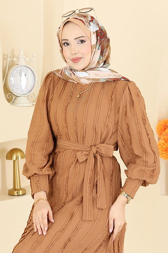 moda selvim Bisiklet Yaka Kemerli Elbise 7166BG354 Latte - Thumbnail