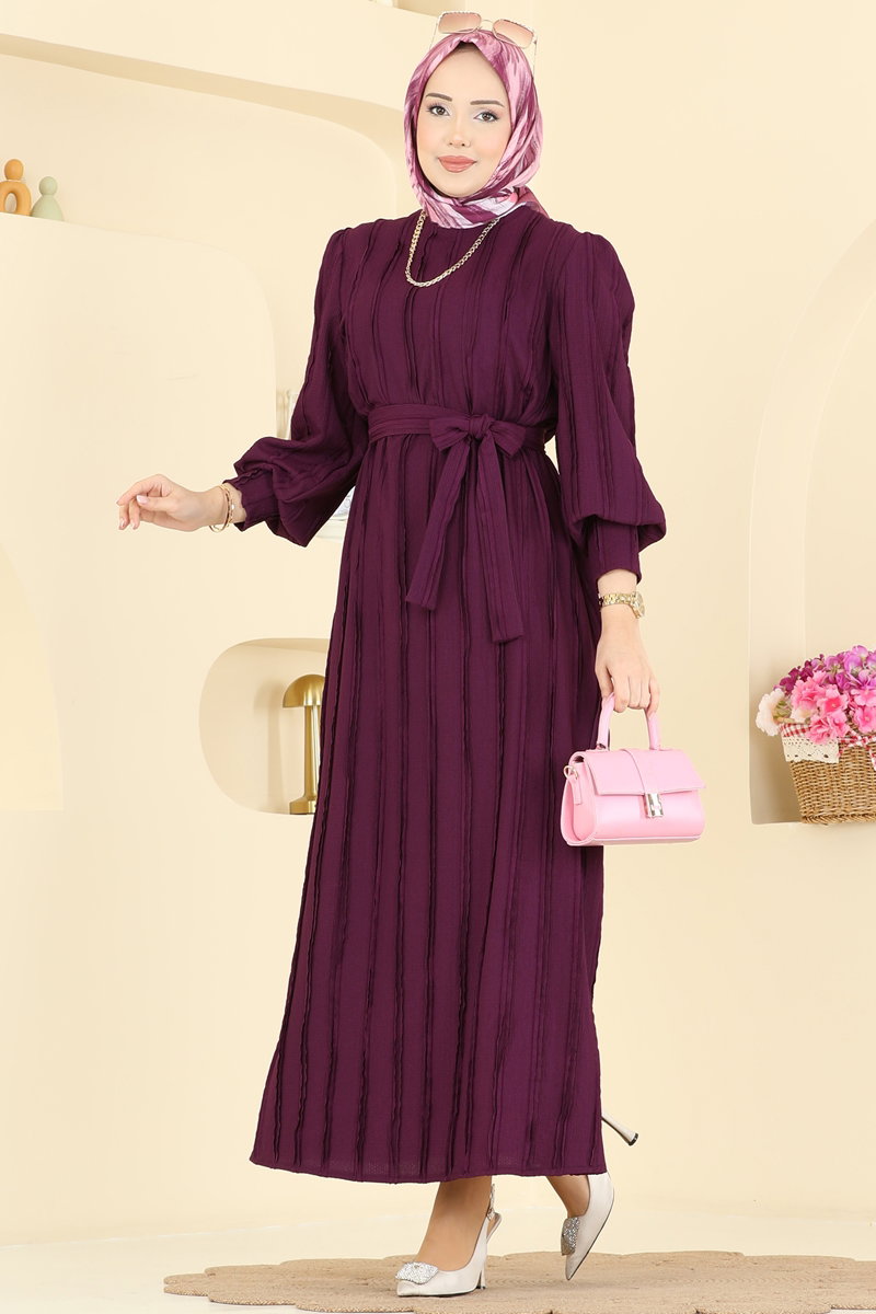 Bisiklet Yaka Kemerli Elbise 7166BG354 Mor