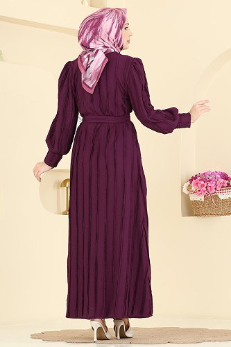 moda selvim Bisiklet Yaka Kemerli Elbise 7166BG354 Mor - Thumbnail