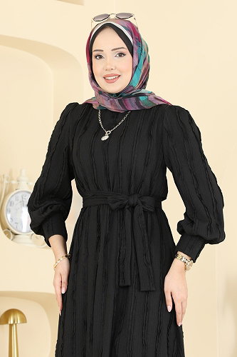 moda selvim Bisiklet Yaka Kemerli Elbise 7166BG354 Siyah - Thumbnail