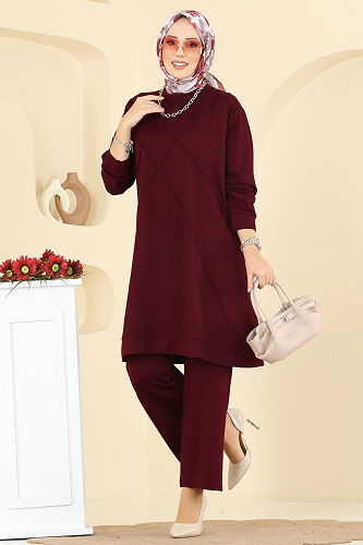 moda selvim Bisiklet Yaka Kristal Takım 2762AYD574 Bordo - Thumbnail