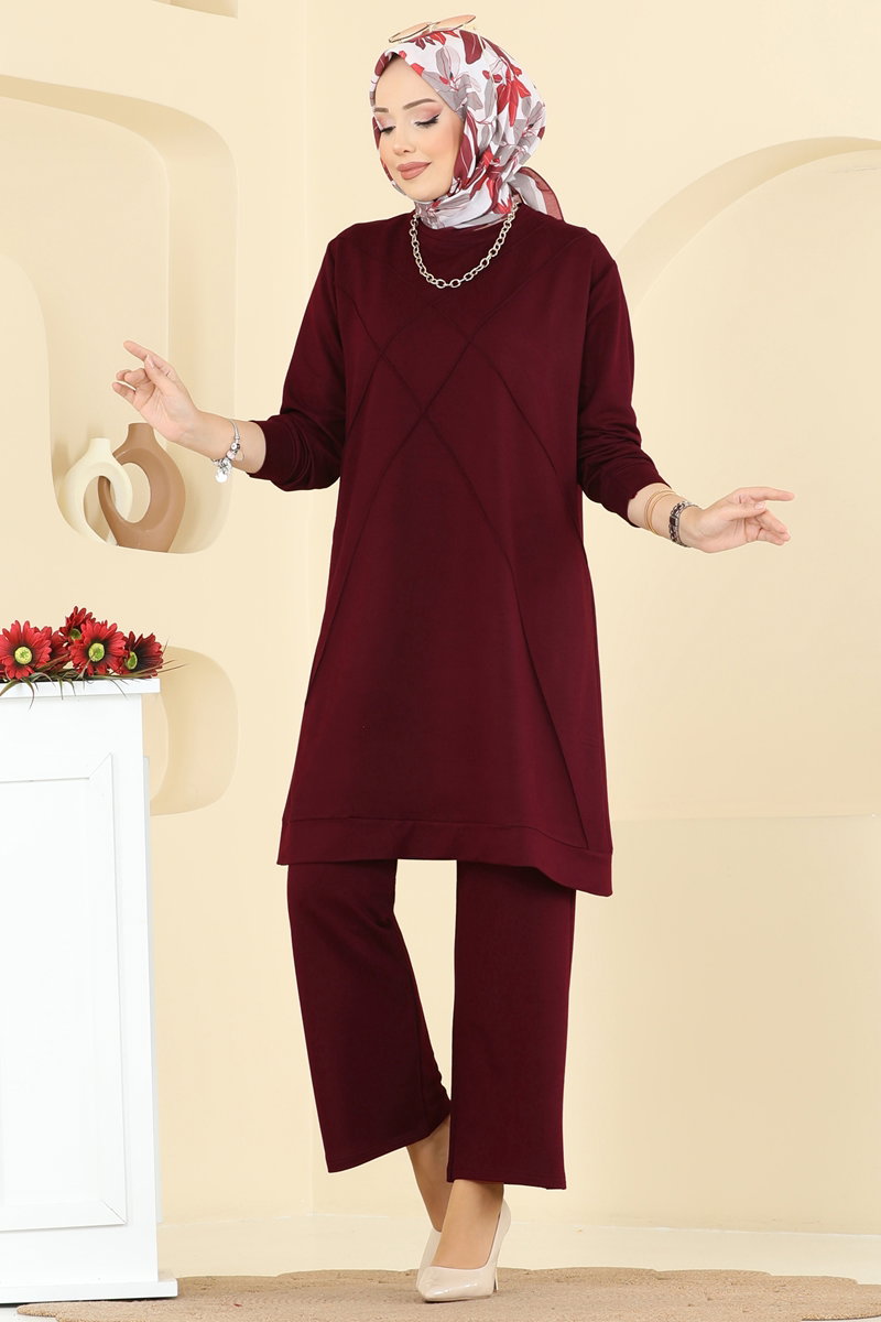 Bisiklet Yaka Kristal Takım 2762AYD574 Bordo