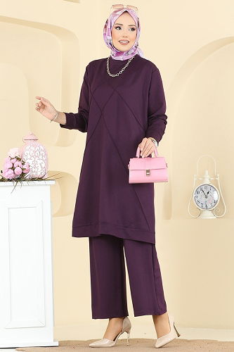 moda selvim Bisiklet Yaka Kristal Takım 2762AYD574 Mor - Thumbnail