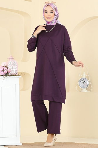 moda selvim Bisiklet Yaka Kristal Takım 2762AYD574 Mor - Thumbnail