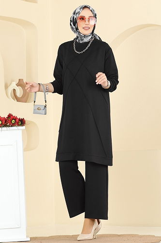 moda selvim Bisiklet Yaka Kristal Takım 2762AYD574 Siyah - Thumbnail