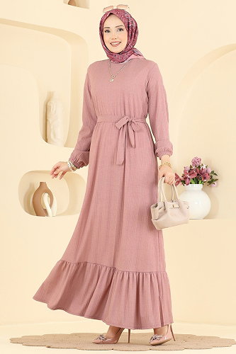 moda selvim Bisiklet Yaka Kuşaklı Elbise 5589ZNNK1102 Pudra - Thumbnail
