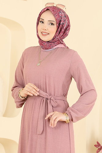 moda selvim Bisiklet Yaka Kuşaklı Elbise 5589ZNNK1102 Pudra - Thumbnail