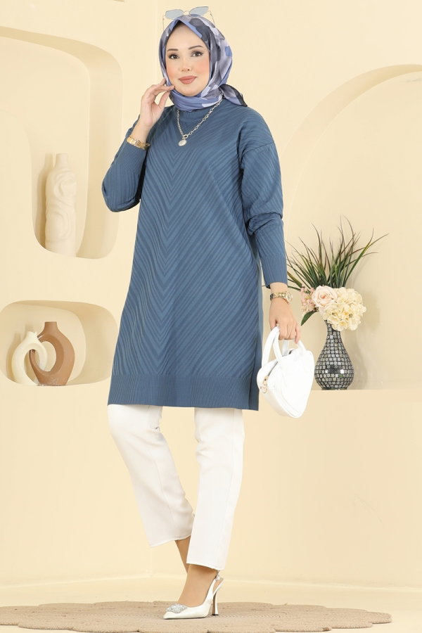 Modaselvim Triko Bisiklet Yaka Merserize Tunik 3192NVX1208 İndigo