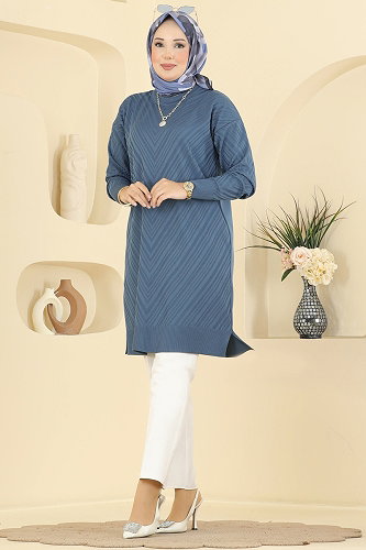 moda selvim Bisiklet Yaka Merserize Tunik 3192NVX1208 İndigo - Thumbnail