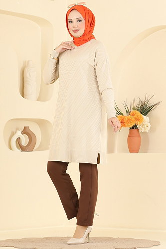 moda selvim Bisiklet Yaka Merserize Tunik 3192NVX1208 Taş - Thumbnail