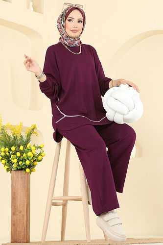 moda selvim Bisiklet Yaka Modal Takım 4527NFC1010 Bordo - Thumbnail