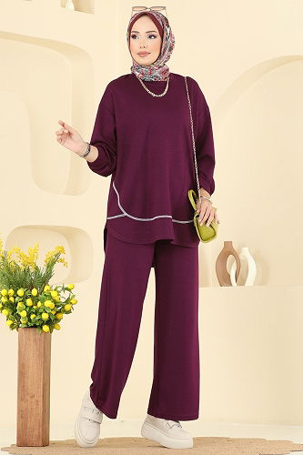 moda selvim Bisiklet Yaka Modal Takım 4527NFC1010 Bordo - Thumbnail