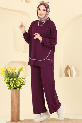 moda selvim Bisiklet Yaka Modal Takım 4527NFC1010 Bordo - Thumbnail