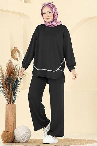 moda selvim Bisiklet Yaka Modal Takım 4527NFC1010 Siyah - Thumbnail