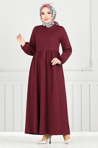 moda selvim Bisiklet Yaka Tesettür Elbise 4331NFC915-M Bordo - Thumbnail