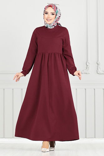 moda selvim Bisiklet Yaka Tesettür Elbise 4331NFC915-M Bordo - Thumbnail