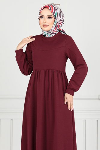 moda selvim Bisiklet Yaka Tesettür Elbise 4331NFC915-M Bordo - Thumbnail