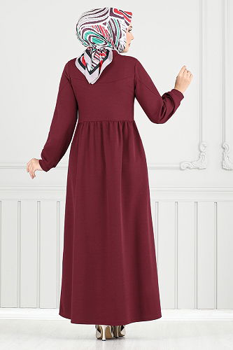 moda selvim Bisiklet Yaka Tesettür Elbise 4331NFC915-M Bordo - Thumbnail