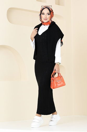 moda selvim Bisiklet Yaka Triko Elbise 4045UZ1029-M Siyah - Thumbnail