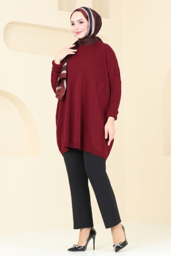 moda selvim Bisiklet Yaka Triko Tunik 2172UZ662 Bordo - Thumbnail