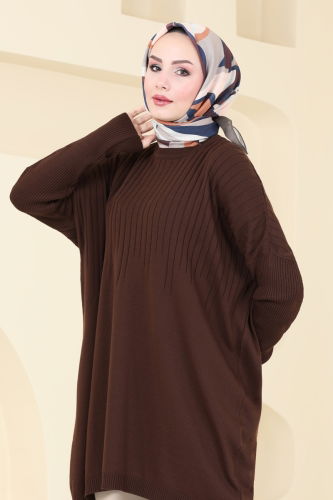 moda selvim Bisiklet Yaka Triko Tunik 2172UZ662 Kahve - Thumbnail