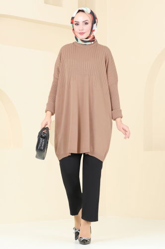 moda selvim Bisiklet Yaka Triko Tunik 2172UZ662 Latte - Thumbnail