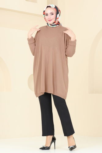 moda selvim Bisiklet Yaka Triko Tunik 2172UZ662 Latte - Thumbnail