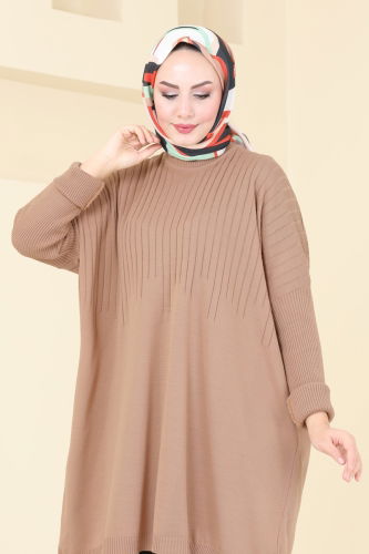 moda selvim Bisiklet Yaka Triko Tunik 2172UZ662 Latte - Thumbnail