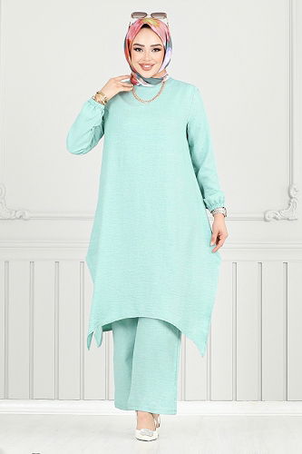 moda selvim Bisiklet Yakalı Tesettür Takım 386DVL897-M Açık Mint - Thumbnail