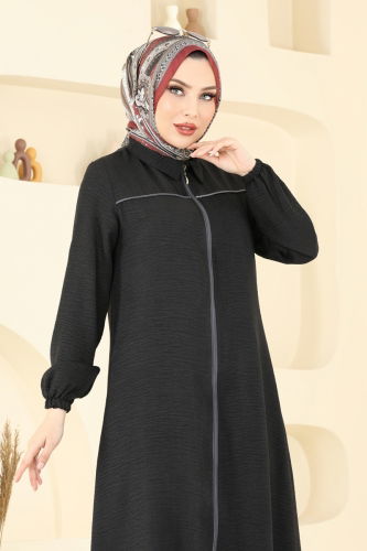 moda selvim Biye Detay Keten Ferace 831OZN1046 Siyah - Thumbnail