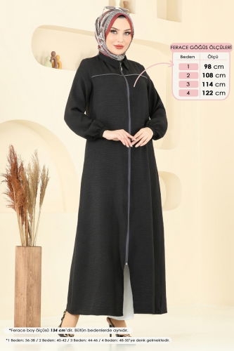 moda selvim Biye Detay Keten Ferace 831OZN1046 Siyah - Thumbnail
