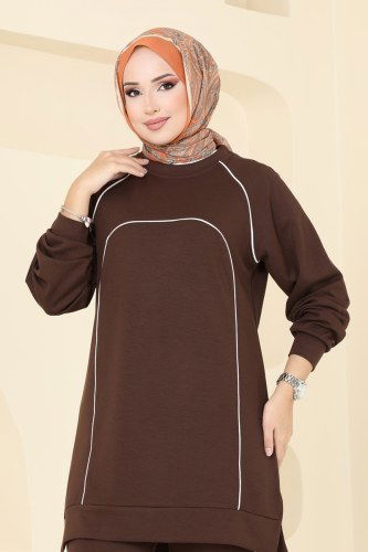 moda selvim Biye Detay Modal Kumaş Takım 6003YNS793 Koyu Kahve - Thumbnail