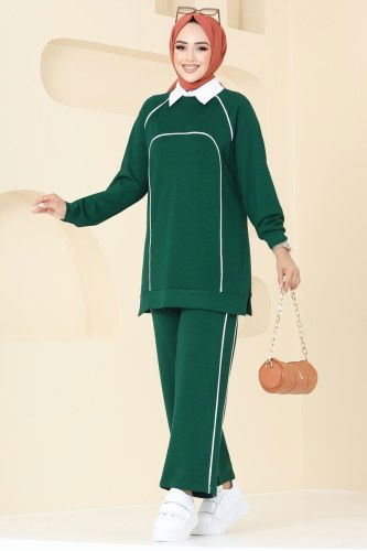 moda selvim Biye Detay Modal Kumaş Takım 6003YNS793 Zümrüt&Ekru - Thumbnail