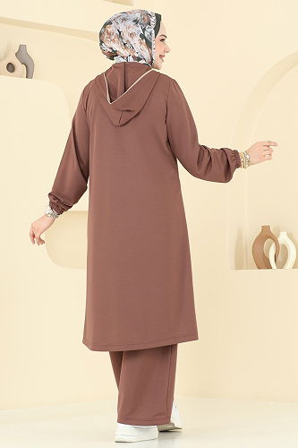 moda selvim Biye Detay Tesettür Takım 415DVL817 Açık Kahve - Thumbnail