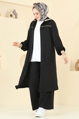 moda selvim Biye Detay Tesettür Takım 415DVL817 Siyah - Thumbnail