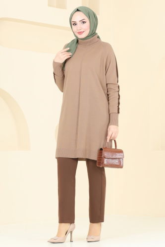 moda selvim Biye Detay Triko Tunik 890KLB1050 Latte - Thumbnail