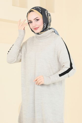 moda selvim Biye Detay Triko Tunik 890KLB1050 Taş - Thumbnail