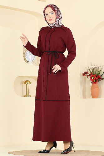 moda selvim Biye Detaylı Dabıl Elbise PL9219 Bordo - Thumbnail