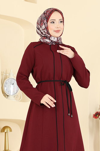 moda selvim Biye Detaylı Dabıl Elbise PL9219 Bordo - Thumbnail