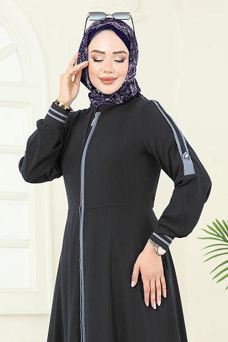 moda selvim Biye Detaylı Ferace 2793SL432 Antrasit - Thumbnail