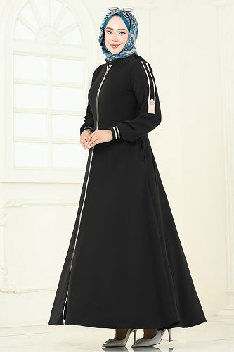 moda selvim Biye Detaylı Ferace 2793SL432 Siyah - Thumbnail