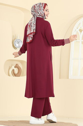 moda selvim Biye Detaylı İki İplik Takım PL9185 Bordo - Thumbnail