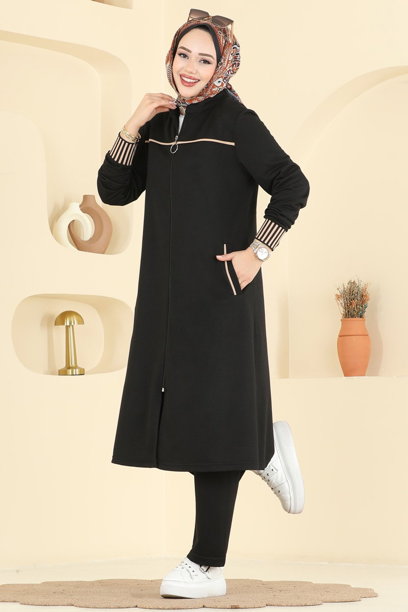 Biye Detaylı İki İplik Takım PL9185 Siyah - Moda Selvim