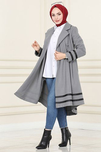 moda selvim Biye Detaylı İthal Kaşe Kaban 2305MRK805 Gri - Thumbnail