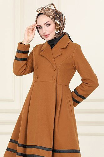 moda selvim Biye Detaylı İthal Kaşe Kaban 2305MRK805 Taba - Thumbnail