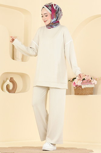 moda selvim Biye Detaylı Modal 2 li Takım 5672ZNNK1102 Taş - Thumbnail