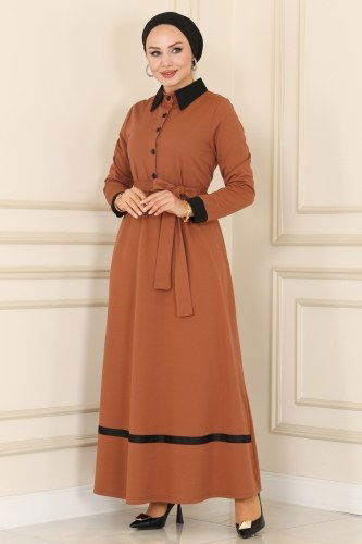 moda selvim Biye Detaylı Tesettür Elbise 108YNS793 Taba - Thumbnail